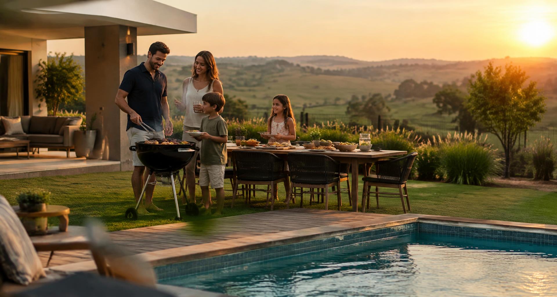 Família fazendo churrasco no quintal de uma casa de alto padrão com gramado e piscina